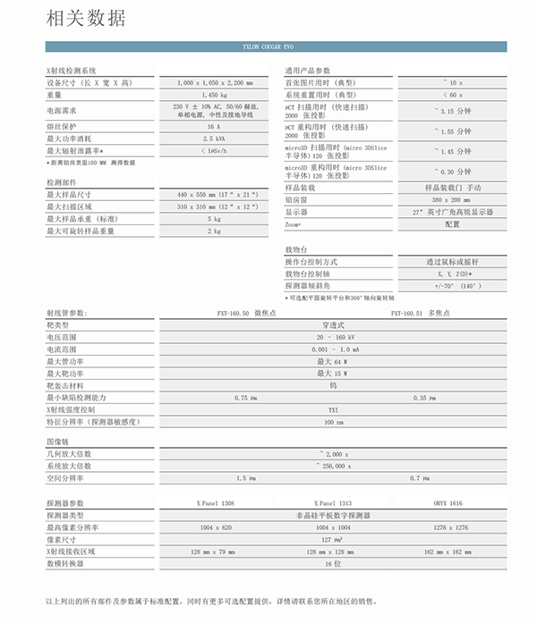 YXLON COUGAR EVO離線X-RAY技術(shù)參數(shù)：